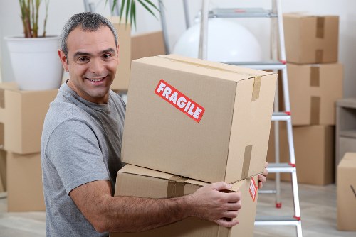 Packed office equipment prepared for transport in Wimbledon